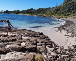 Irene Gomes has been babysitting her grandkids, this time exercising along the waters edge at Shellcove.